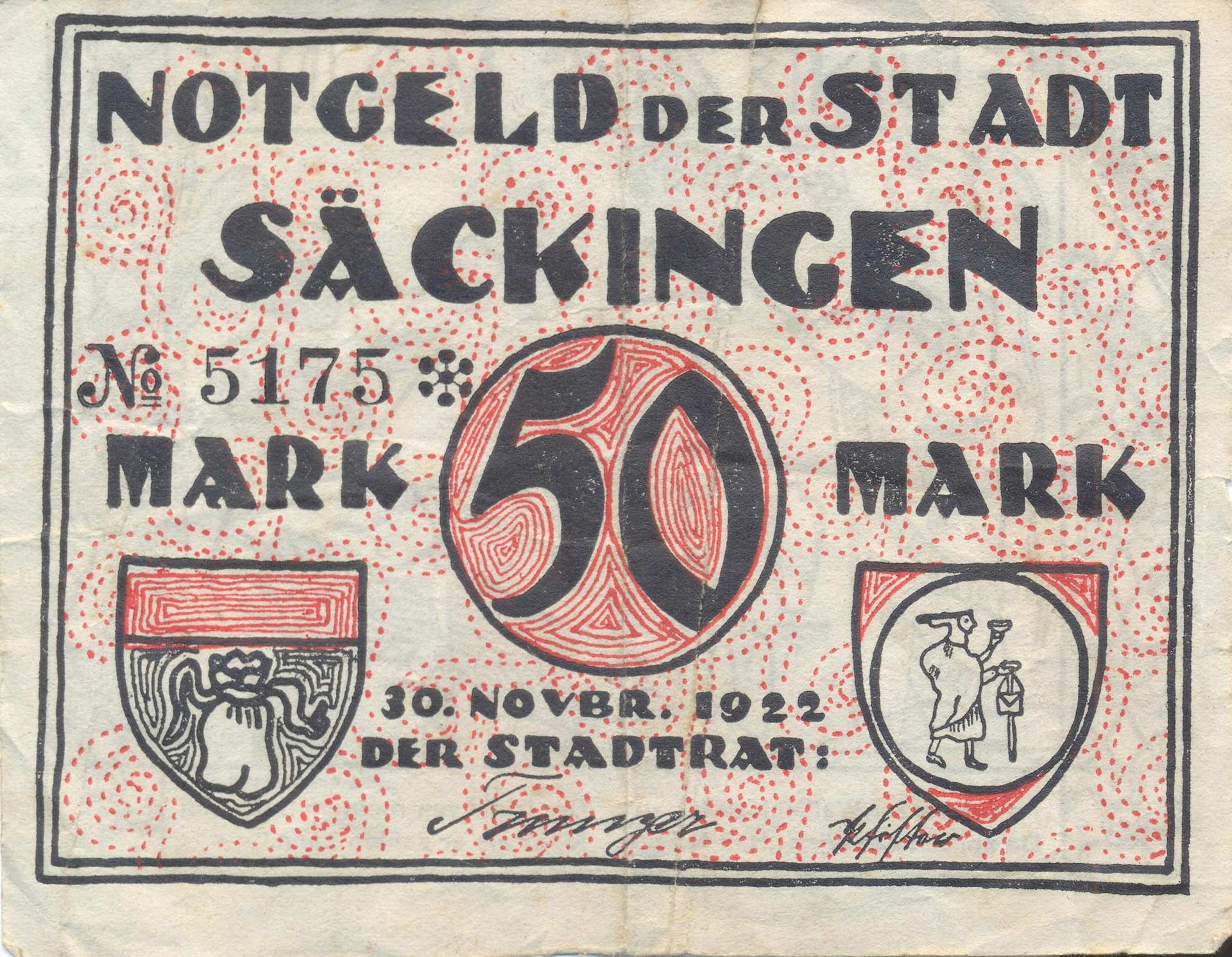 Notgeld (Inflationsgeld) der Stadt Bad Säckingen aus dem Jahr 1922